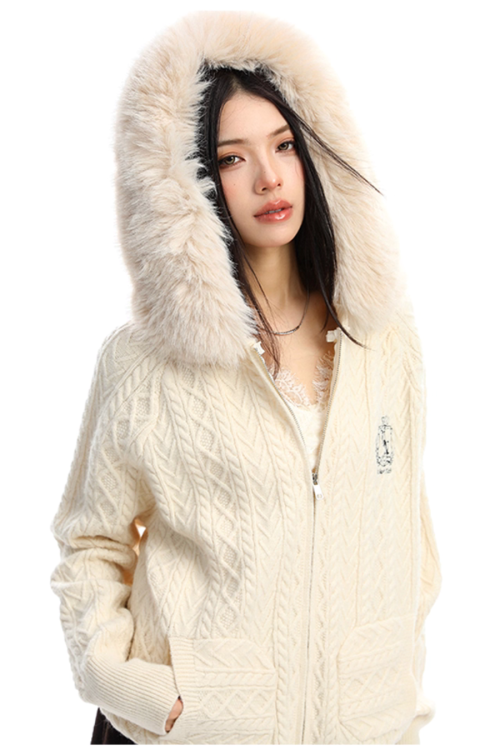Fur Hood Cable Knit Top