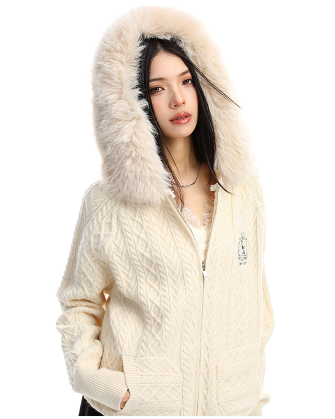Fur Hood Cable Knit Top Fur Hood Cable Knit Top
