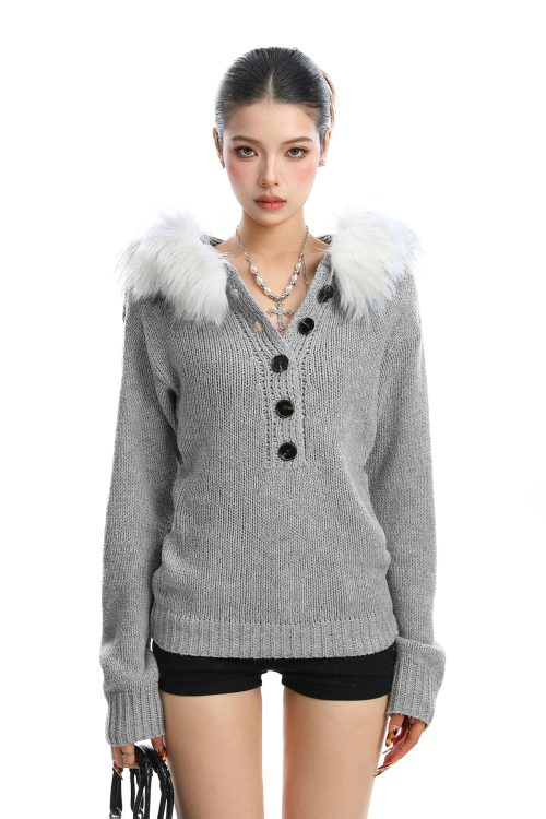 Fur Hood Half Button Knit