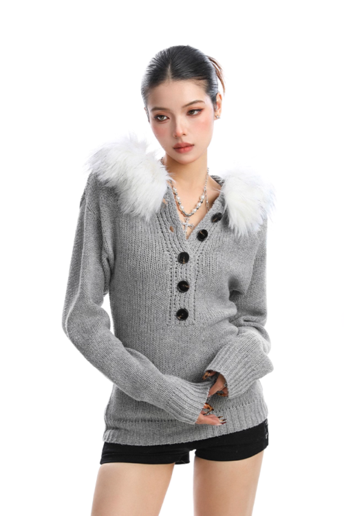 Fur Hood Half Button Knit
