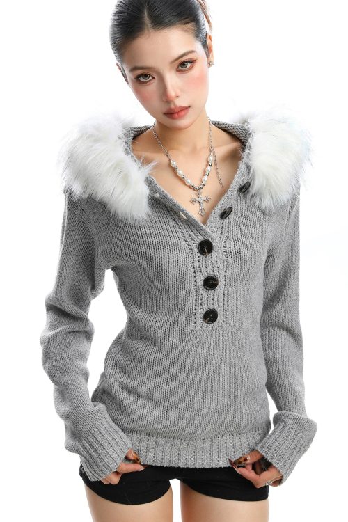 Fur Hood Half Button Knit