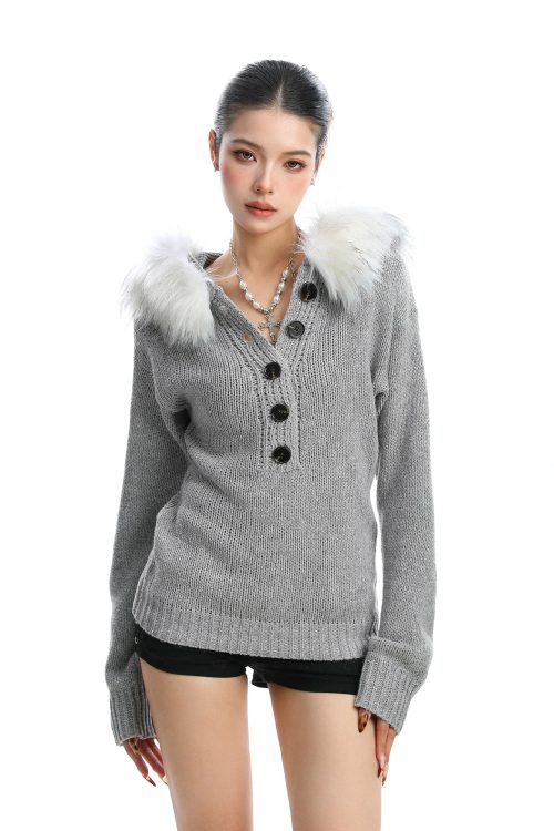 Fur Hood Half Button Knit