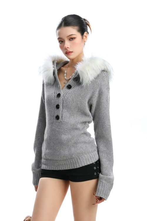 Fur Hood Half Button Knit