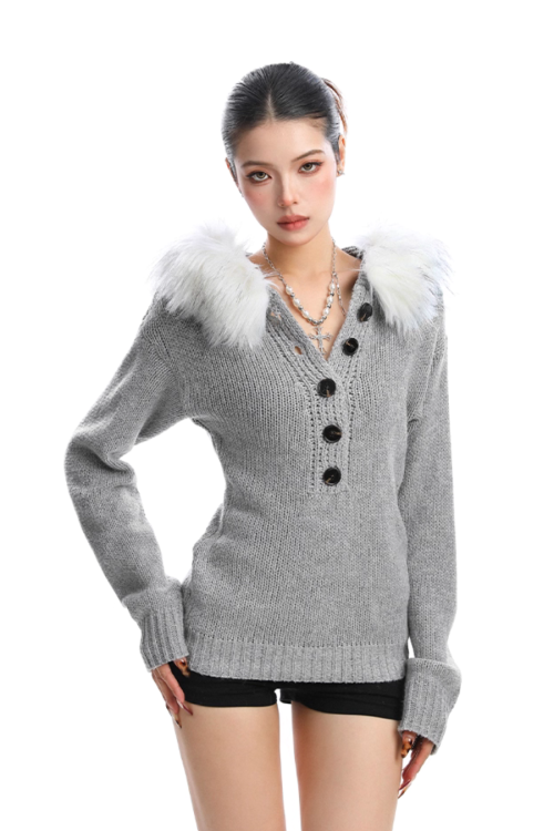 Fur Hood Half Button Knit