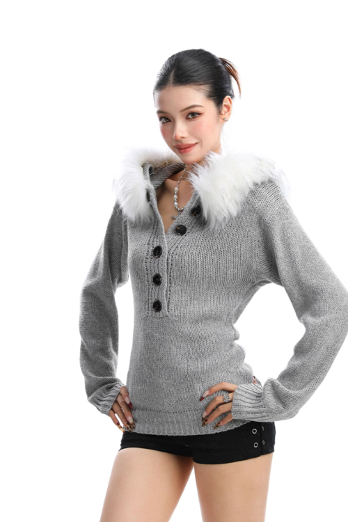 Fur Hood Half Button Knit