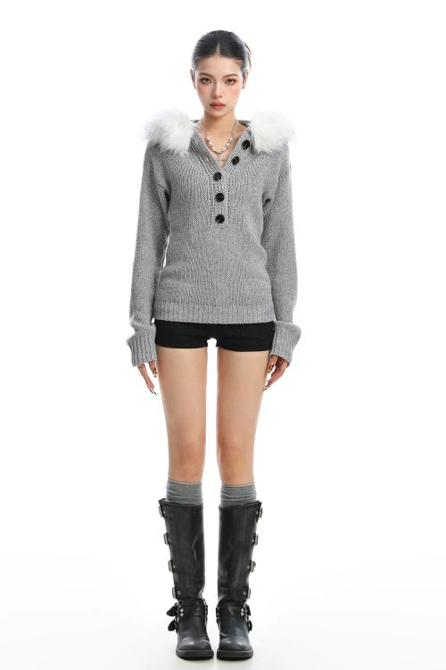 Fur Hood Half Button Knit