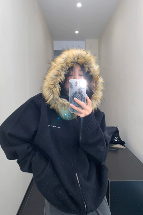 Fur Hood Knit Hoodie