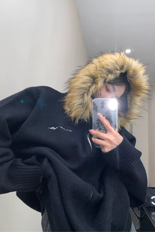 Fur Hood Knit Hoodie