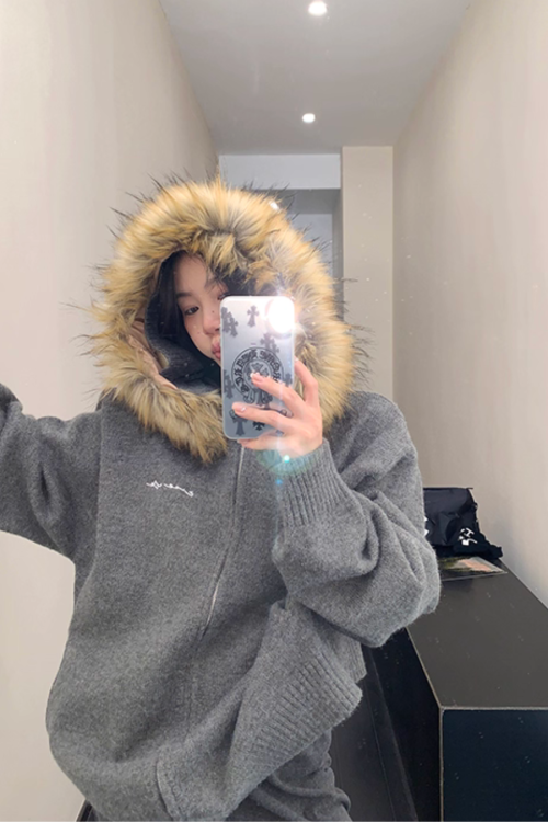Fur Hood Knit Hoodie