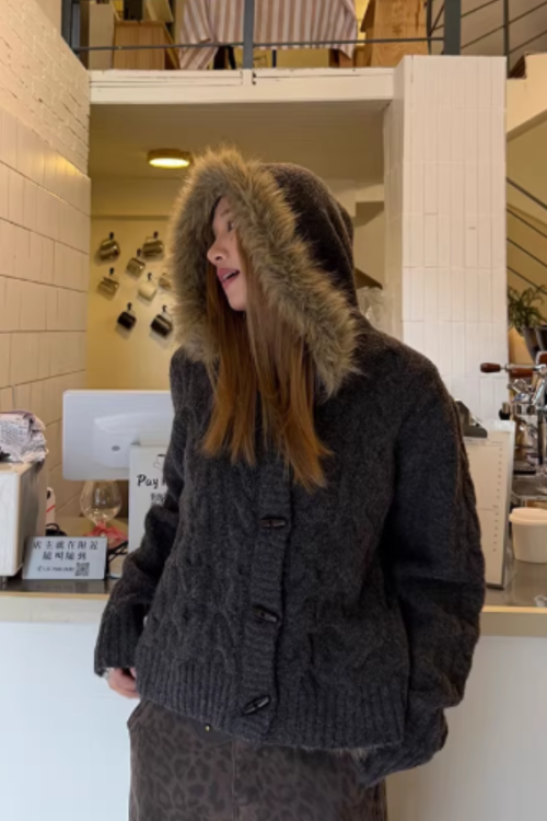 Fur Hood Knit Jacket