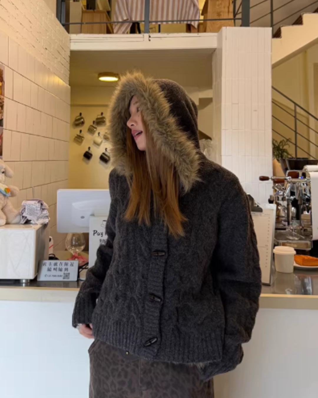 Fur Hood Knit Jacket Fur Hood Knit Jacket