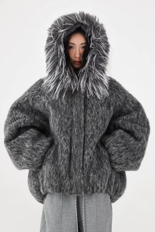 Fur Hood Knit Jacket
