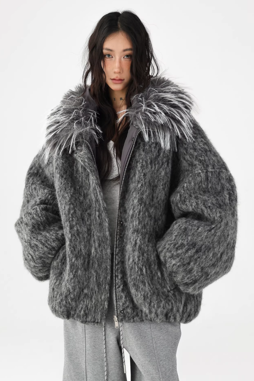 Fur Hood Knit Jacket