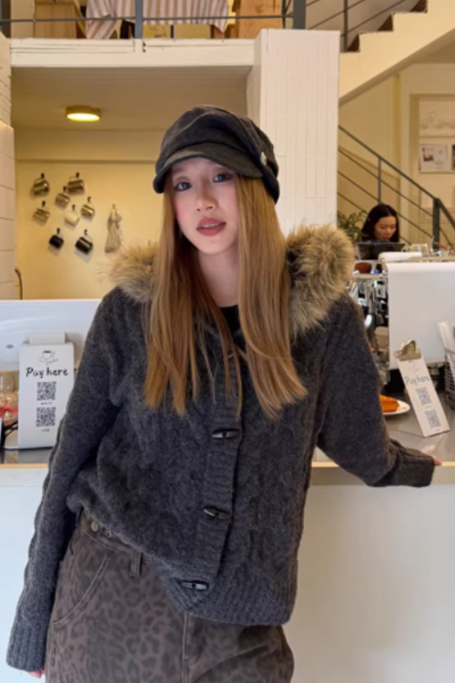 Fur Hood Knit Jacket