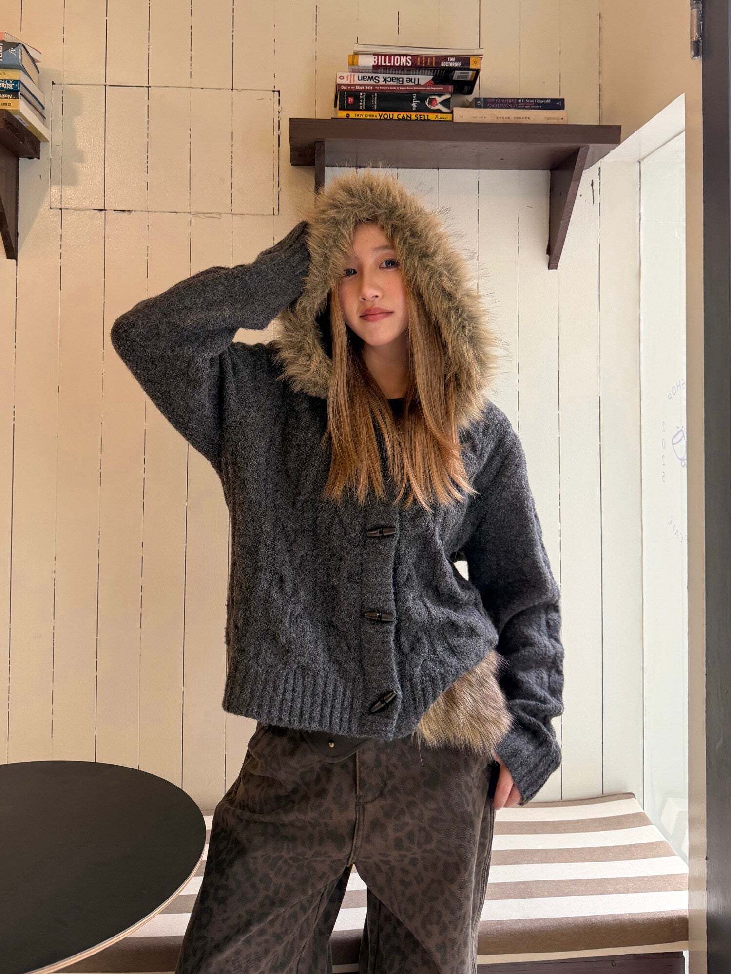 Fur Hood Knit Jacket