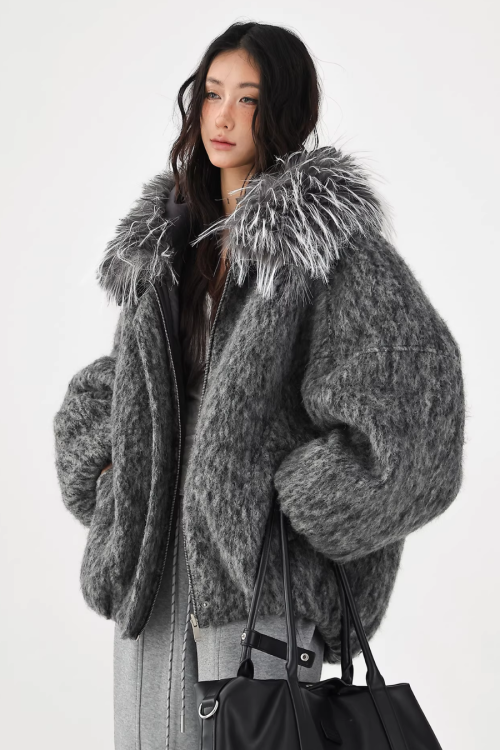 Fur Hood Knit Jacket