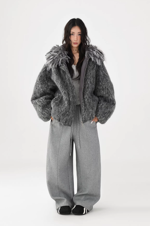 Fur Hood Knit Jacket