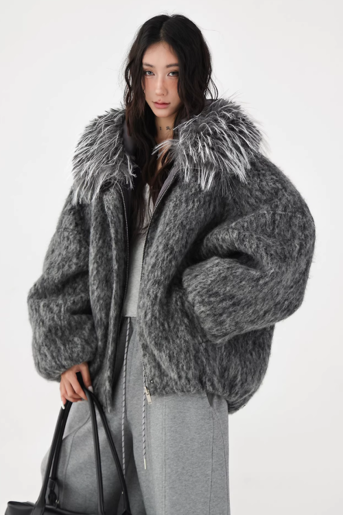 Fur Hood Knit Jacket