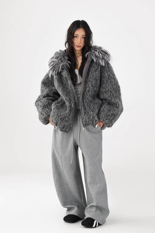 Fur Hood Knit Jacket