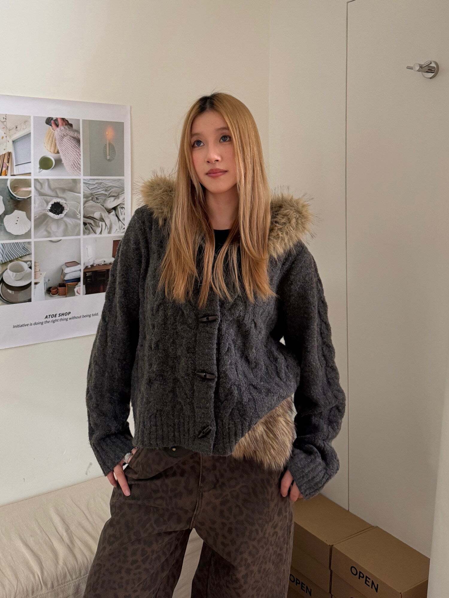 Fur Hood Knit Jacket Fur Hood Knit Jacket