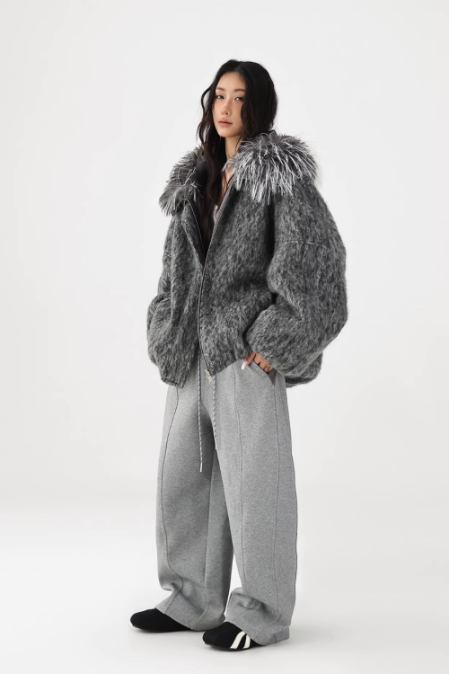 Fur Hood Knit Jacket