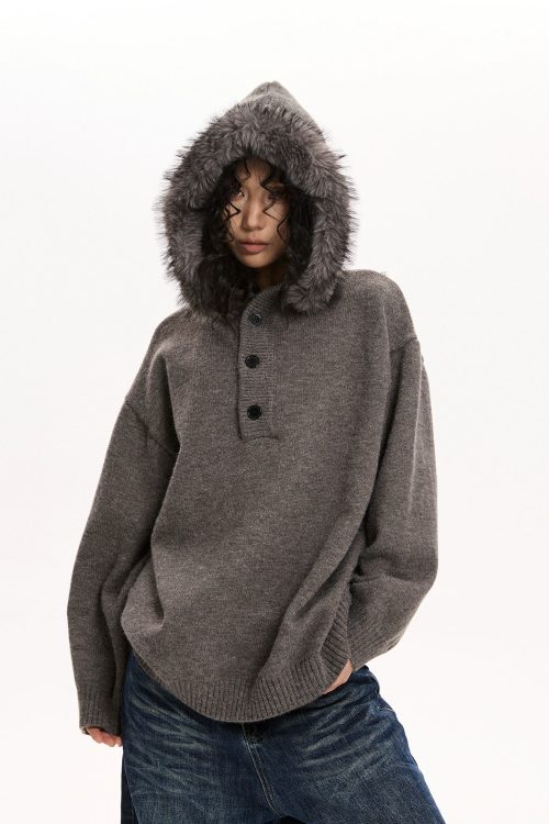 Fur Hood Knit Top