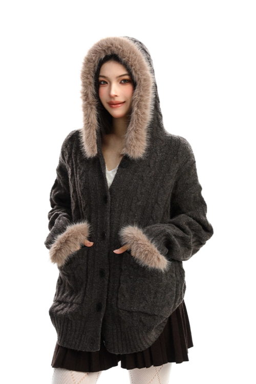 Fur Hood Loose Knit Cardigan