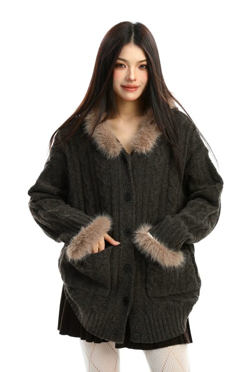 Fur Hood Loose Knit Cardigan