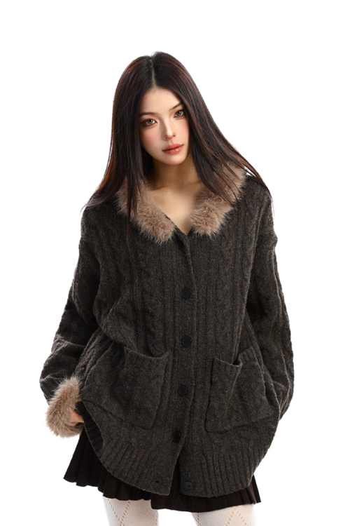 Fur Hood Loose Knit Cardigan