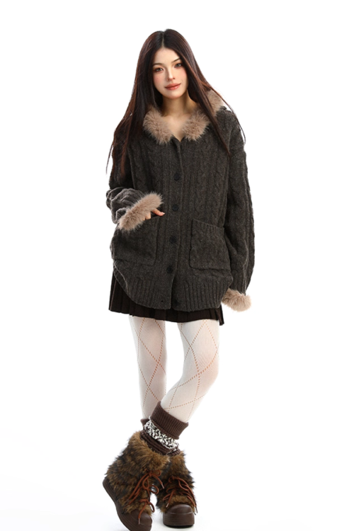 Fur Hood Loose Knit Cardigan