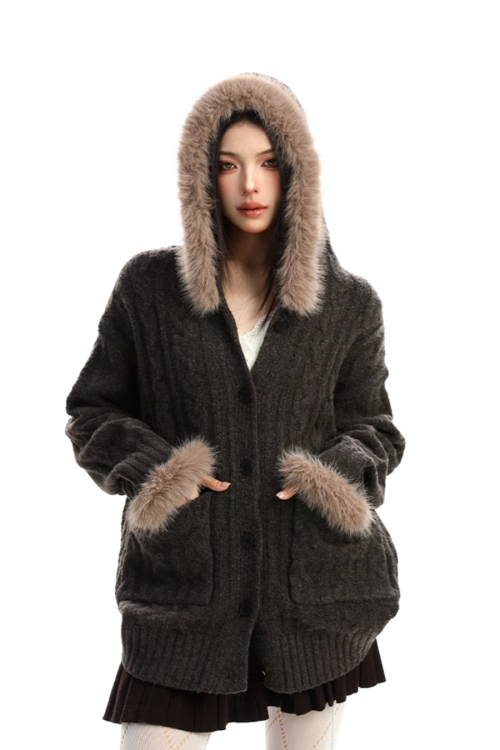 Fur Hood Loose Knit Cardigan