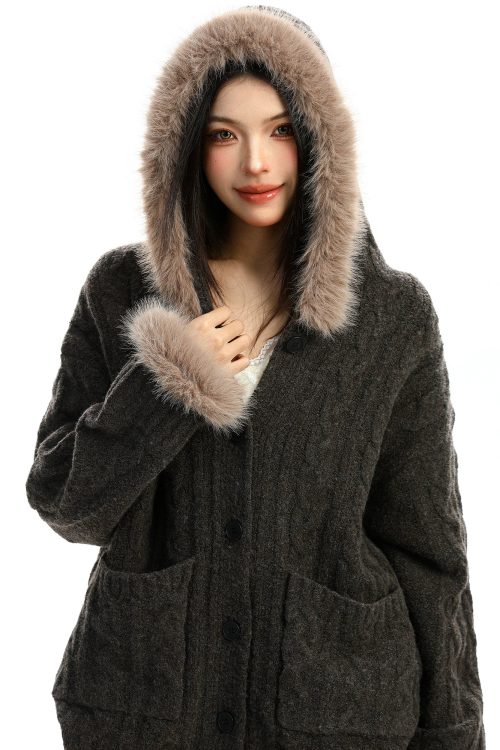 Fur Hood Loose Knit Cardigan