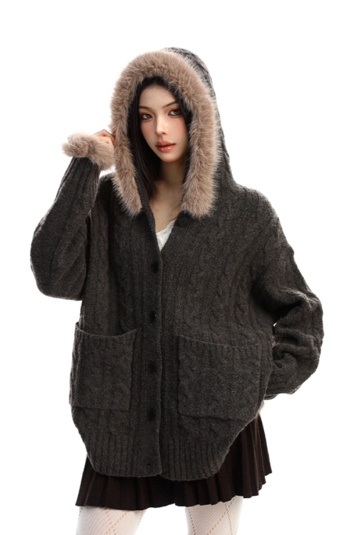 Fur Hood Loose Knit Cardigan