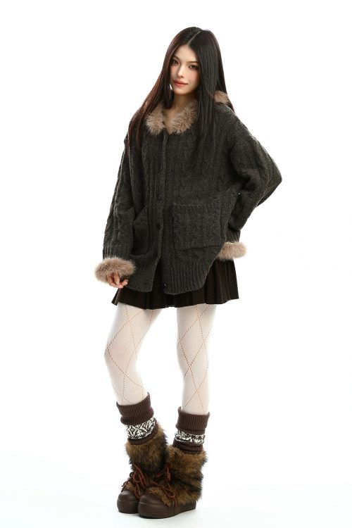 Fur Hood Loose Knit Cardigan