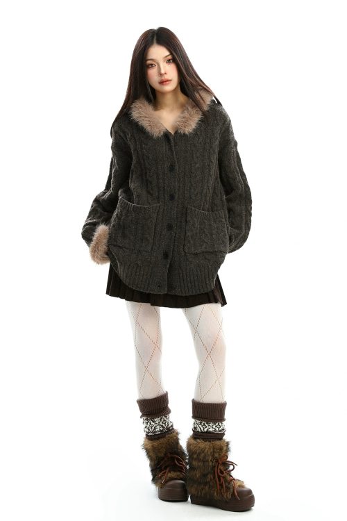 Fur Hood Loose Knit Cardigan
