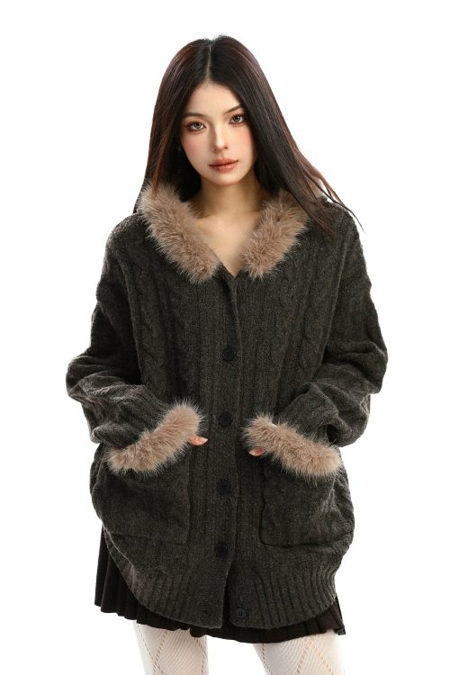 Fur Hood Loose Knit Cardigan