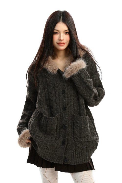 Fur Hood Loose Knit Cardigan