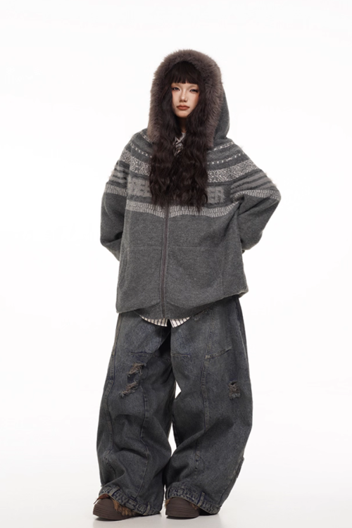 Fur Hood Retro Knit Cardigan