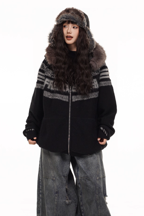 Fur Hood Retro Knit Cardigan