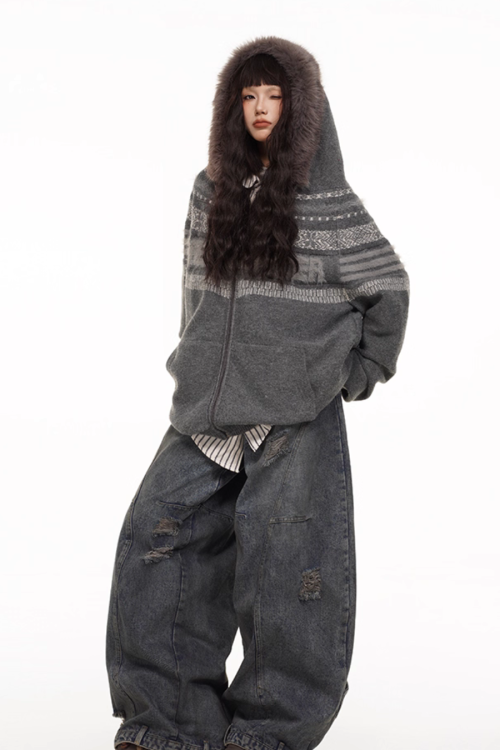 Fur Hood Retro Knit Cardigan