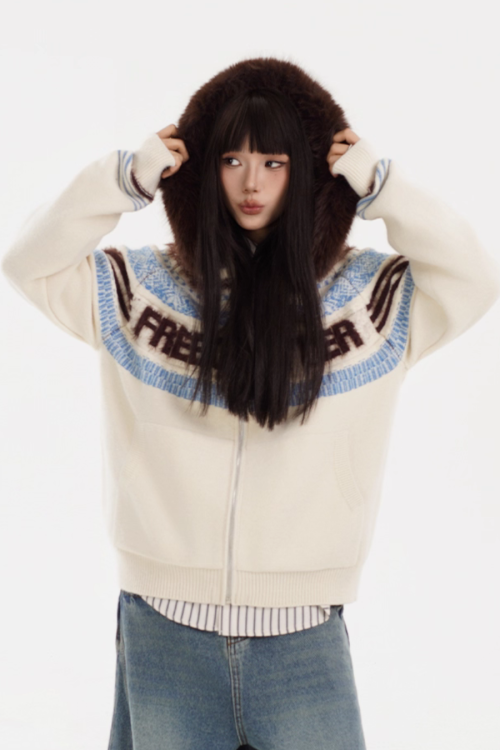 Fur Hood Retro Knit Cardigan