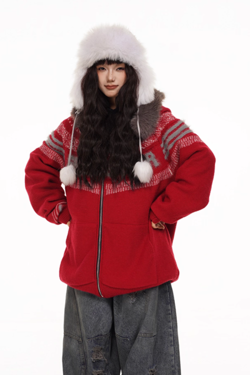 Fur Hood Retro Knit Cardigan