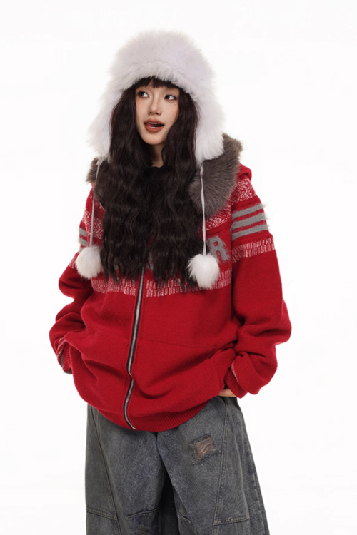 Fur Hood Retro Knit Cardigan