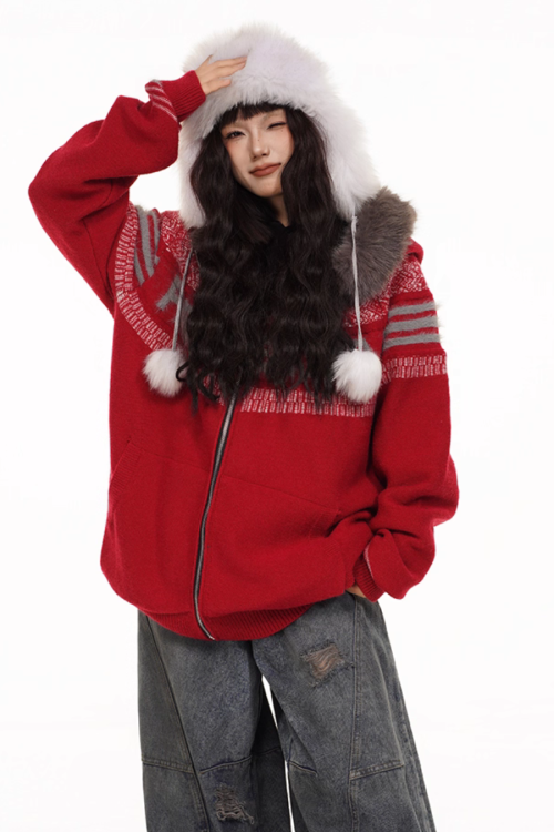 Fur Hood Retro Knit Cardigan