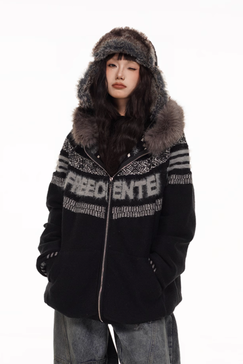 Fur Hood Retro Knit Cardigan