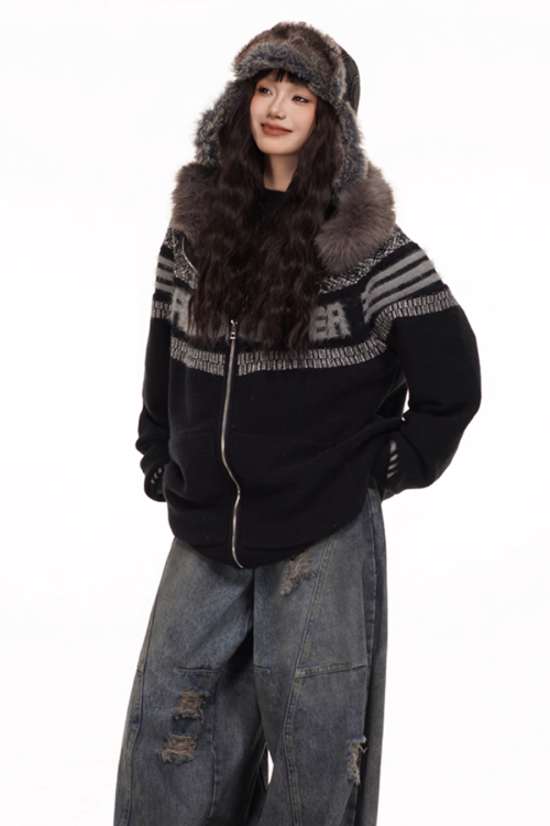 Fur Hood Retro Knit Cardigan