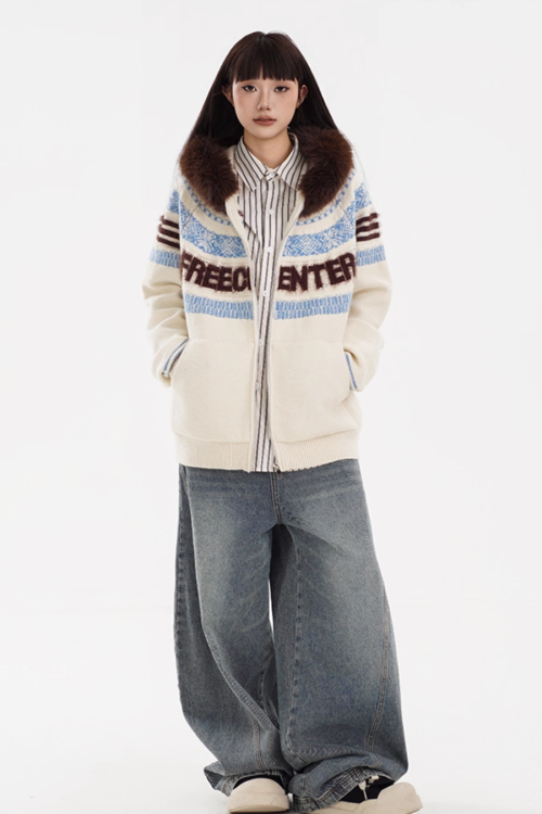 Fur Hood Retro Knit Cardigan