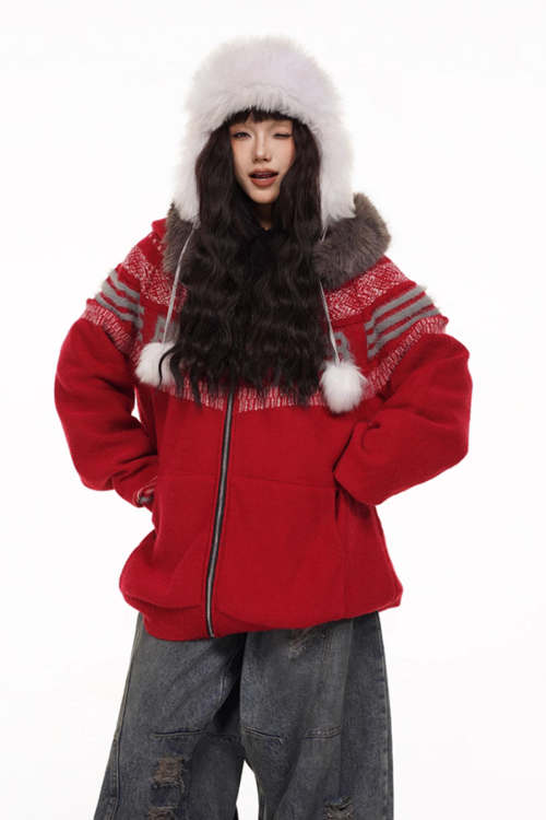 Fur Hood Retro Knit Cardigan