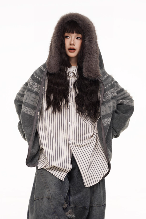 Fur Hood Retro Knit Cardigan
