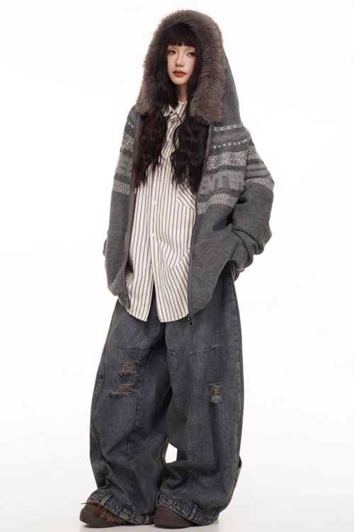 Fur Hood Retro Knit Cardigan